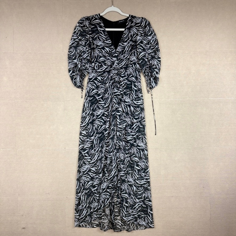 The Kooples Zebra Print Ruched Maxi Dress Black White Metallic FR 1 NWT